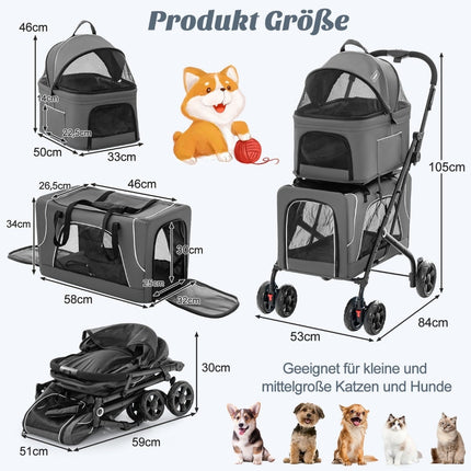 3-in-1 Pet Stroller with Mesh Windows and Storage, Gray