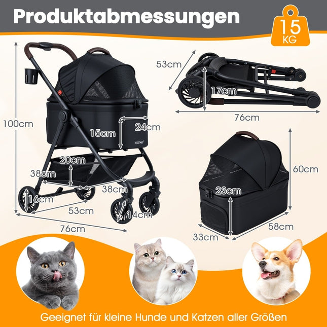 3-in-1 Pet Stroller with Removable Carrier & Adjustable Canopy