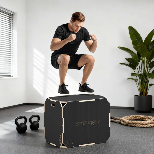 3-in-1 Plyo Box with Handles, Wood, Black, 3 Heights