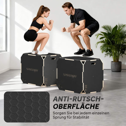 3-in-1 Plyo Box with Handles, Wood, Black, 3 Heights