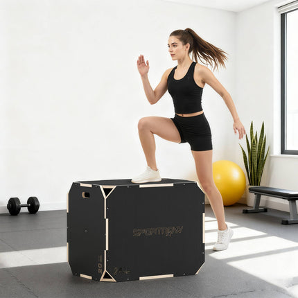 3-in-1 Plyo Box with Handles, Wood, Black, 3 Heights