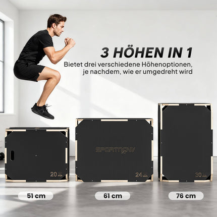 3-in-1 Plyo Box with Handles, Wood, Black, 3 Heights