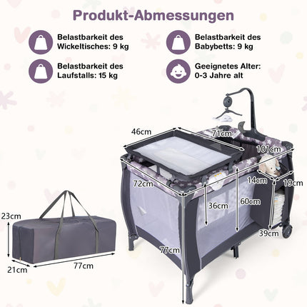 3-in-1 Portable Baby Crib with Mattress & Toys, Grey