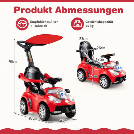 3-in-1 Ride-On Car with Push Handle, Storage, Red