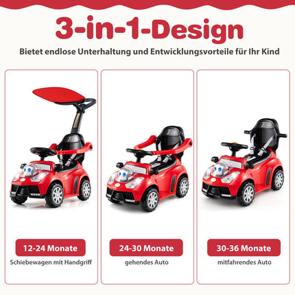 3-in-1 Ride-On Car with Push Handle, Storage, Red