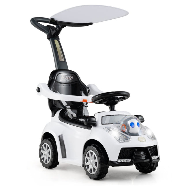 3-in-1 Ride-On Car with Push Handle, Storage, White