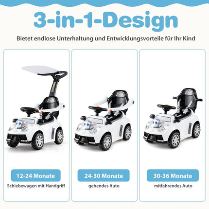 3-in-1 Ride-On Car with Push Handle, Storage, White