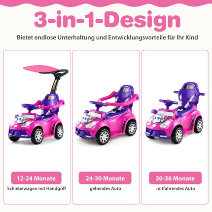 3-in-1 Ride-On Car with Push Handle and Storage, Pink