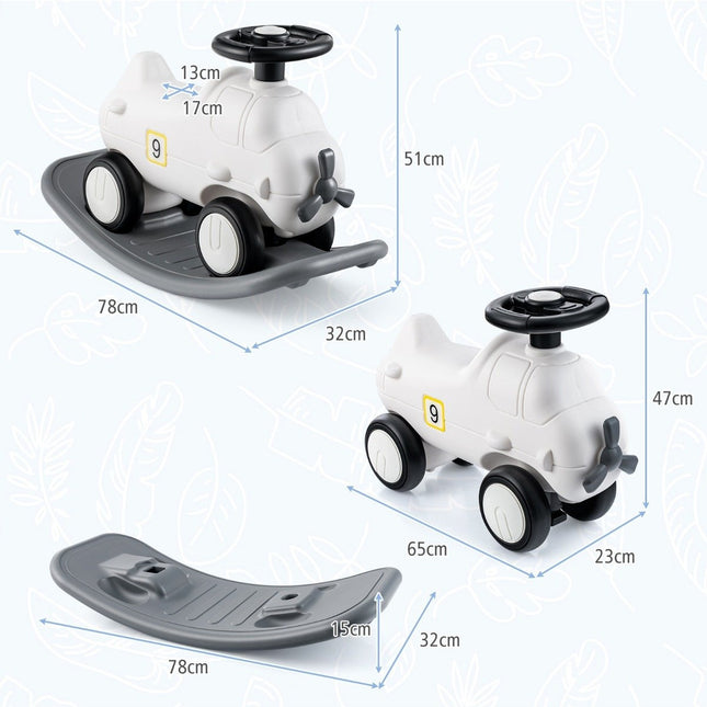 3 in 1 Rocking Horse Rocking Animal & Ride-On Car with Removable Balance Board White Airplane