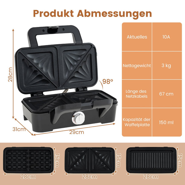 3-in-1 Sandwich Maker, Waffle & Panini Press, Non-Stick Plates
