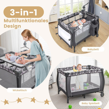 3-in-1 Travel Crib with Bassinet, Changer, Wheels – Dark Gray