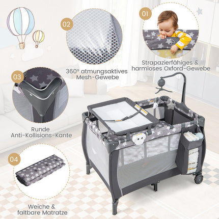 3-in-1 Travel Crib with Bassinet, Changer, Wheels – Dark Gray