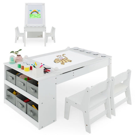 3 in 1 activity table & easel with liftable table top & 6 fabric containers & paper roll white