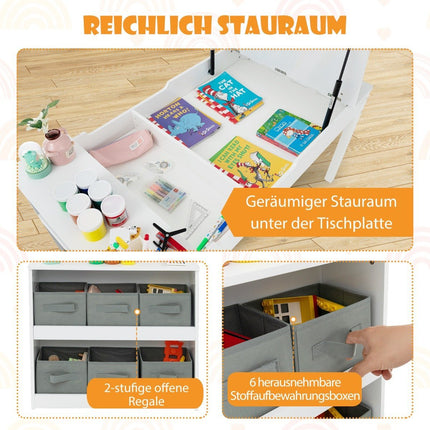 3 in 1 activity table & easel with liftable table top & 6 fabric containers & paper roll white