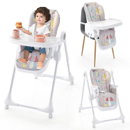 3-in-1 baby high chair with 5-way adjustable footrest, 3-way adjustable backrest & 4 universal wheels Gray