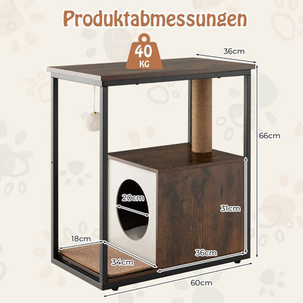 3 in 1 cat house & scratching post & side table cat cave with removable scratching mat & ball brown