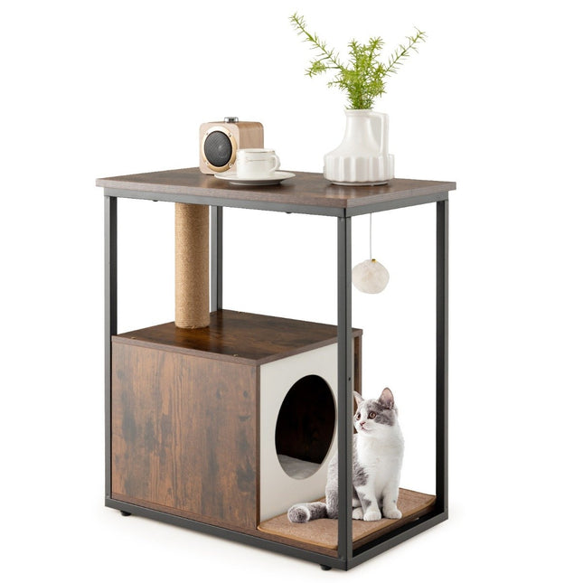 3 in 1 cat house & scratching post & side table cat cave with removable scratching mat & ball brown