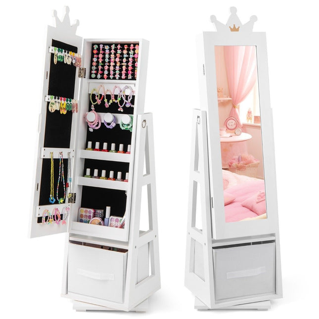 3 in 1 children's jewelry cabinet with full-length mirror & storage basket jewelry rack white