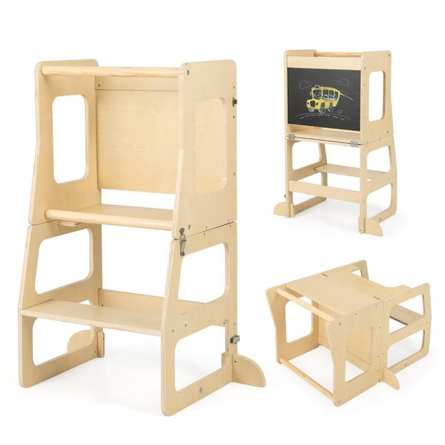 3 in 1 children's learning tower folding step stool & blackboard & children's table set from 1 year standing tower natural
