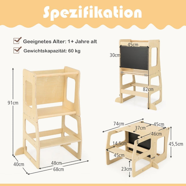 3 in 1 children's learning tower folding step stool & blackboard & children's table set from 1 year standing tower natural