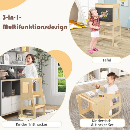 3 in 1 children's learning tower folding step stool & blackboard & children's table set from 1 year standing tower natural
