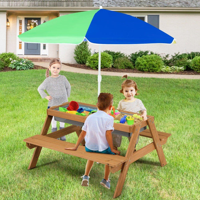 3 in 1 children's picnic table with parasol & benches & removable table top