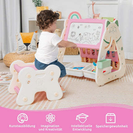 3 in 1 children's seating group & blackboard & bookcase with 3 storage boxes & stool pink