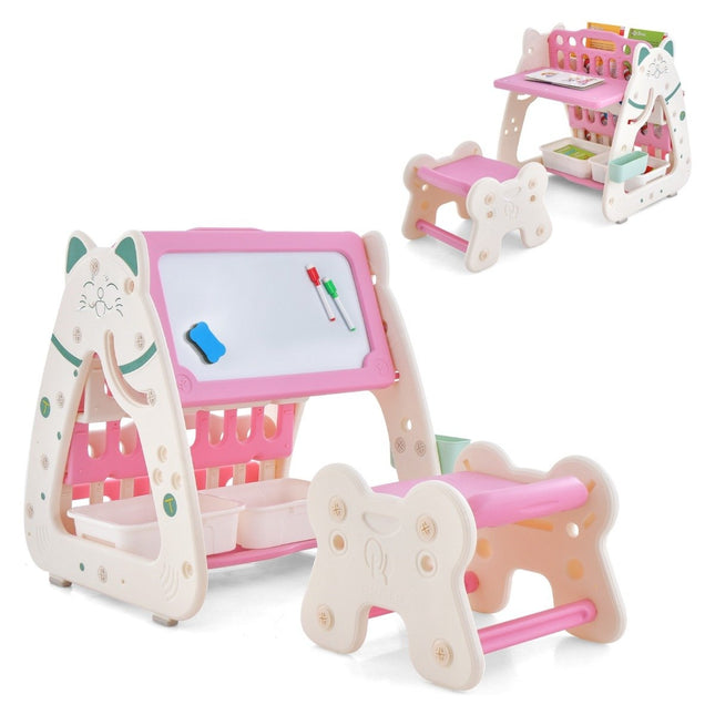 3 in 1 children's seating group & blackboard & bookcase with 3 storage boxes & stool pink