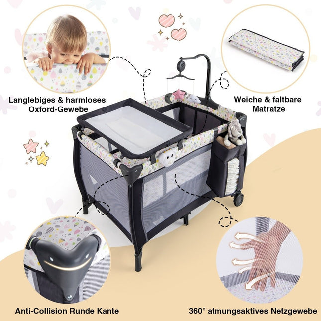 3 in 1 folding side bed travel cot with mattress hanging toy music box colorful
