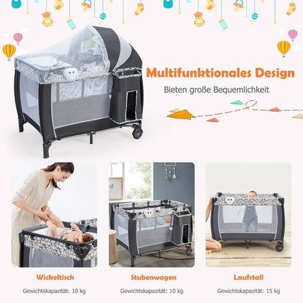 3 in 1 folding travel cot & changing table & playpen with removable mosquito net