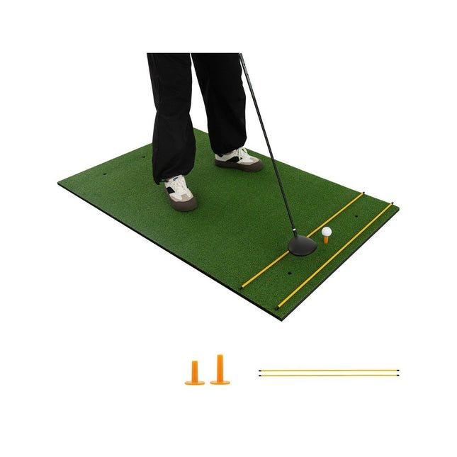 3-in-1 golf tee mat with artificial turf, 2 golf tees, 2 alignment stakes, and 6 pre-drilled tee holes, 152 x 92 cm