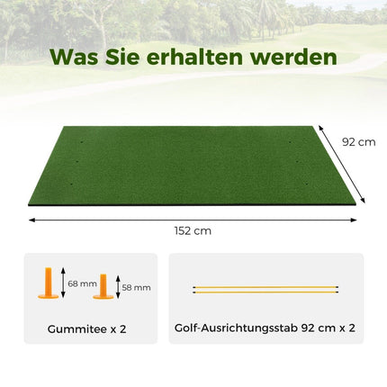 3-in-1 golf tee mat with artificial turf, 2 golf tees, 2 alignment stakes, and 6 pre-drilled tee holes, 152 x 92 cm