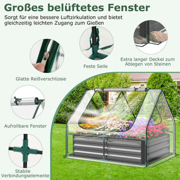 3 in 1 greenhouse with raised bed metal planter box PVC film flower bed with two windows silver 129 x 97 x 96 cm