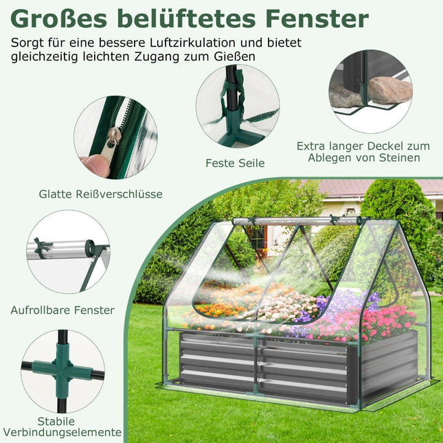 3 in 1 greenhouse with raised bed metal planter box PVC film flower bed with two windows silver 129 x 97 x 96 cm