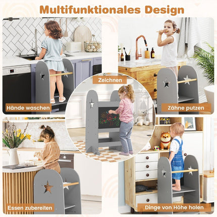 3 in 1 learning tower children's step stool with 3 adjustable heights 90 kg load capacity grey