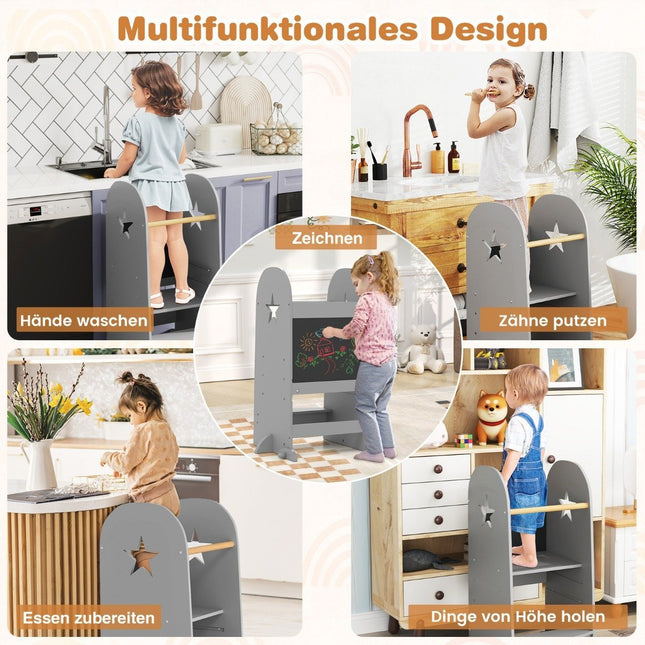 3 in 1 learning tower children's step stool with 3 adjustable heights 90 kg load capacity grey
