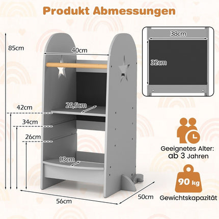 3 in 1 learning tower children's step stool with 3 adjustable heights 90 kg load capacity grey