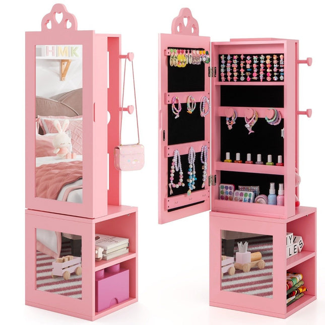 3 in 1 mirror cabinet with full length mirror &amp; Clothes rack children's jewelry cabinet pink