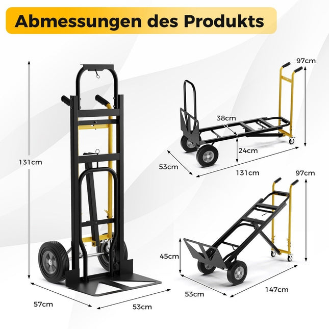 3 in 1 sack truck with 4 rubber tires & binding rope handcart transport truck can hold up to 360KG / 450KG