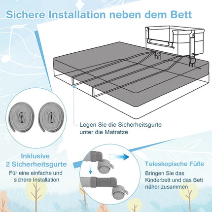 3 in 1 side bed travel cot baby with mattress baby bed 6 compartments height adjustable with storage basket gray
