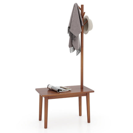 3 in 1 side table made of solid wood coat rack with shoe bench 76 x 43 x 168 cm brown