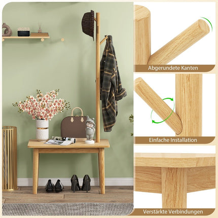 3 in 1 side table made of solid wood, coat rack with shoe bench, 76 x 43 x 168 cm, natural