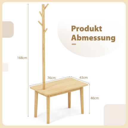 3 in 1 side table made of solid wood, coat rack with shoe bench, 76 x 43 x 168 cm, natural
