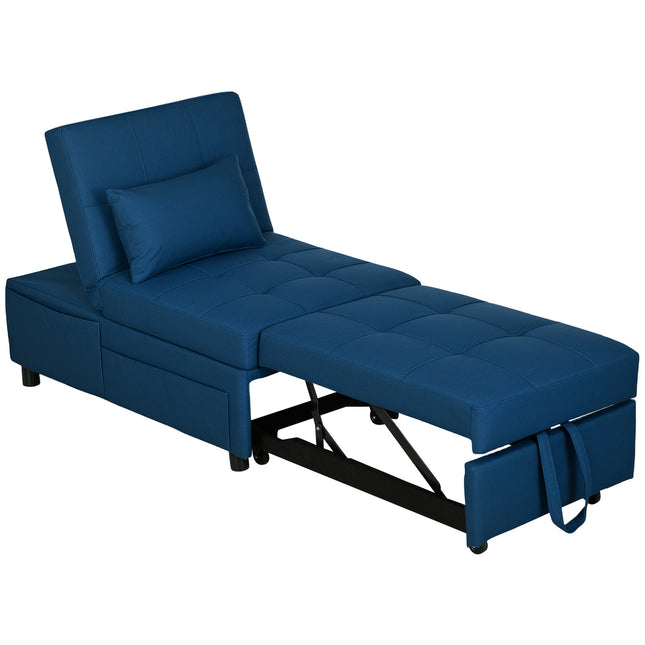 3-in-1 slaapbank met bedfunctie, uittrekbare slaapbank, slaapstoel met zijvak, verstelbare rugleuning, draagvermogen tot 150 kg, voor woonkamer, slaapkamer, blauw
