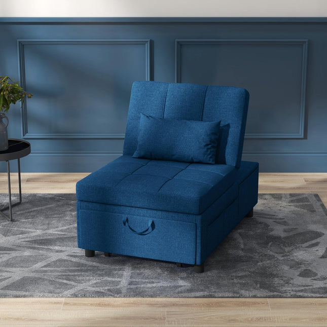 3-in-1 slaapbank met bedfunctie, uittrekbare slaapbank, slaapstoel met zijvak, verstelbare rugleuning, draagvermogen tot 150 kg, voor woonkamer, slaapkamer, blauw