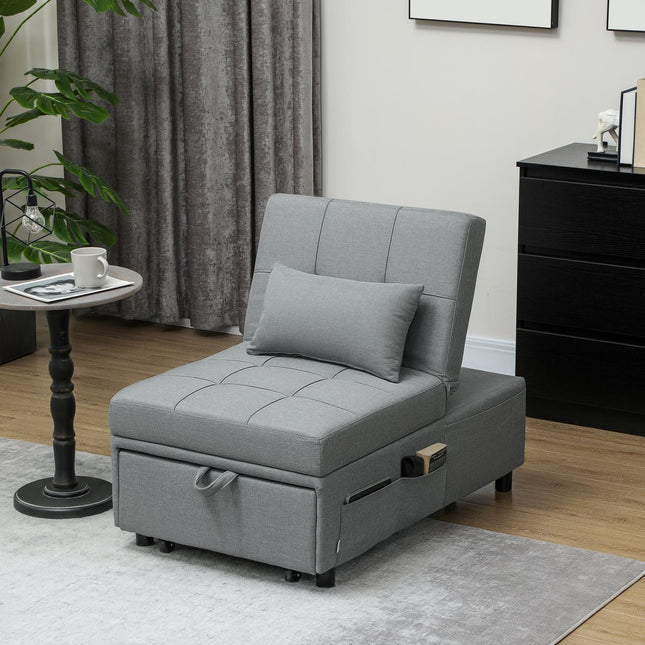 3-in-1 slaapbank met bedfunctie, uittrekbare slaapbank, slaapstoel met zijvak, verstelbare rugleuning, draagvermogen tot 150 kg, voor woonkamer, slaapkamer, lichtgrijs