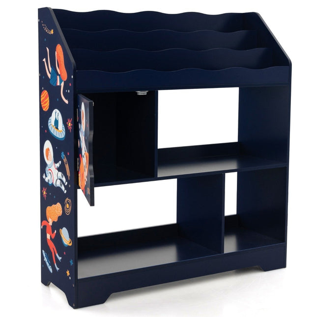 3 in 1 toy shelf with storage compartments & door 3 tier children's shelf bookcase 93 x 30 x 100 cm blue