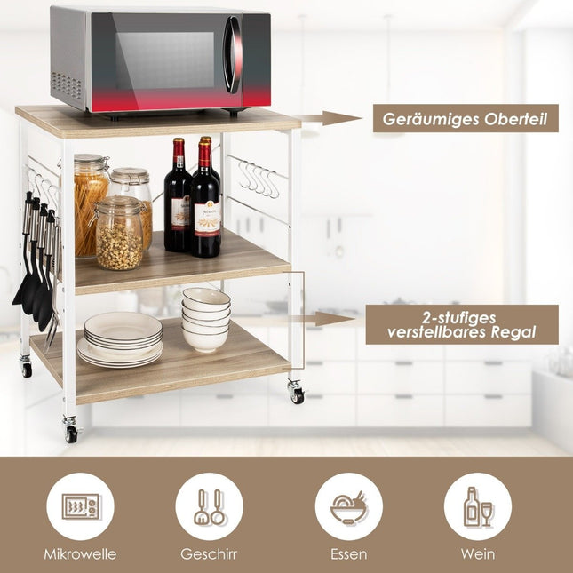 3 level serving trolley with adjustable shelf and 10 removable hooks 60 x 40 x 73 cm natural
