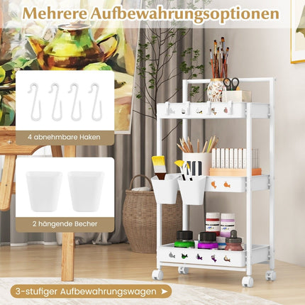 3 level trolley serving trolley with wheels kitchen trolley with 2 hanging cups 42 x 29 x 83 cm white