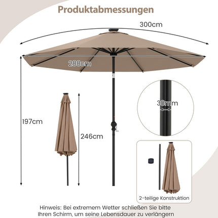 3m Patio Umbrella with Solar LED Lights, 9 Modes